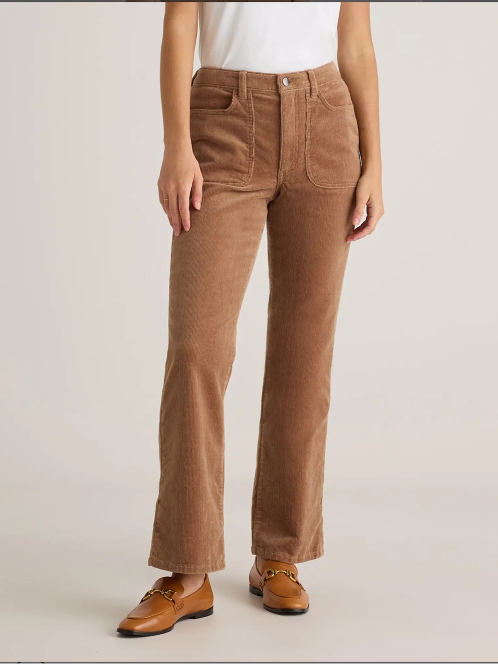 Quince Organic Stretch Corduroy Flare Pants in Warm Brown